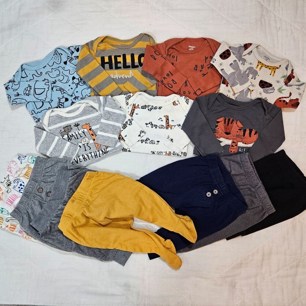 Baby Unisex or Boys Size 0-3 M 14 Piece Lot Long Sleeve Onesies Bodysuits Pants‎